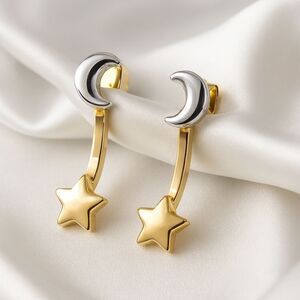 Gold Star, Silver Moon Jacket Stud Earrings – Celestial Two-Tone Fashion Jewelry
